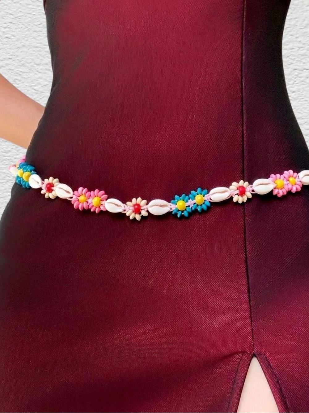 Multicolored Boho Hippie Macrame Wood beads Seashell Conch Floral Western belt